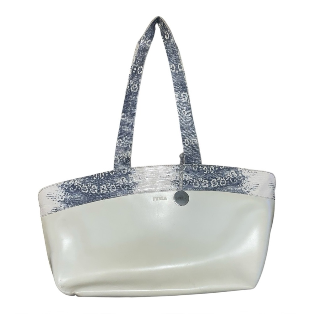 FURLA Handle Satchel Tote White Design Leather Shoulder Hand Bag Purse Italy